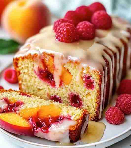 Lush Peach & Raspberry Delight Cake 🍰 Ingredients: 1 1/2 cups all-purpose flour 🌾 1 teaspoon bakin...