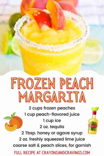 Frozen Peach Margaritas 🍹 2 cups frozen peaches 🍹 1 cup peach-flavored juice 🍹 1 cup ice 🍹 2 oz....
