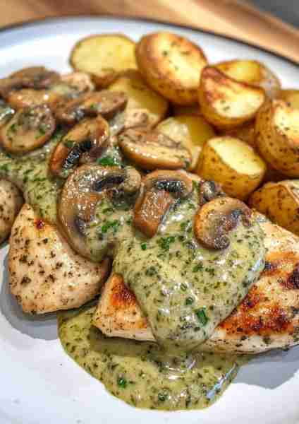 🍄🌿 Creamy Garlic Mushroom Chicken & Roasted Potatoes with Basil Pesto is pure cozy comfort! Tender...
