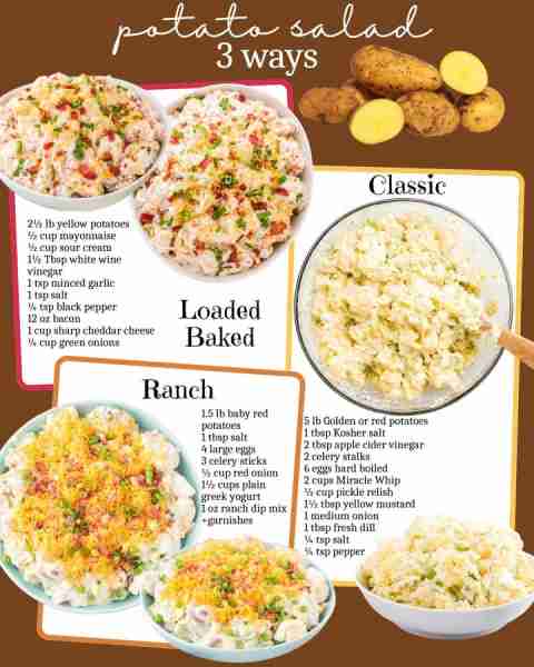 POTATO SALAD 3 WAYS! TRADITIONAL POTATO SALAD: 5 lb Golden or red potatoes 1 tbsp Kosher salt 2 tbsp...