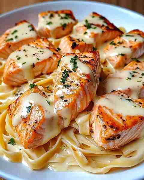 Creamy Garlic Butter Salmon Pasta 🍣🍝 Ingredients: - 2 salmon fillets, cut into chunks - 1 cup heav...