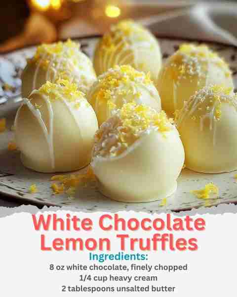 White Chocolate Lemon Truffles Ingredients: 8 oz white chocolate, finely chopped 1/4 cup heavy cream...