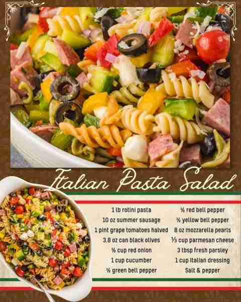 ITALIAN PASTA SALAD! 1 lb rotini pasta 10 oz summer sausage 1 pint grape tomatoes 3.8 oz can black o...