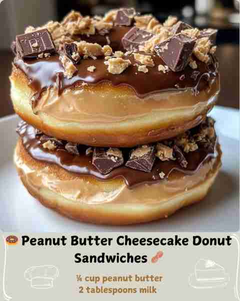 🍩 Peanut Butter Cheesecake Donut Sandwiches 🥜 Ingredients For the Cheesecake Filling: 8 ounces cre...