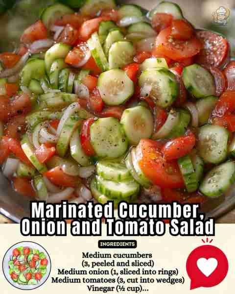 Fresh & Tangy Marinated Cucumber, Onion, and Tomato Salad 🥒🍅 It’s even tastier the next day! The d...