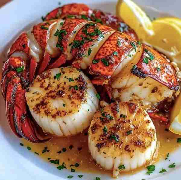 🧄 Garlic Butter Lobster & Scallops 🦞✨ Ingredients: 2 lobster tails, split 6 sea scallops 3 tbsp b...