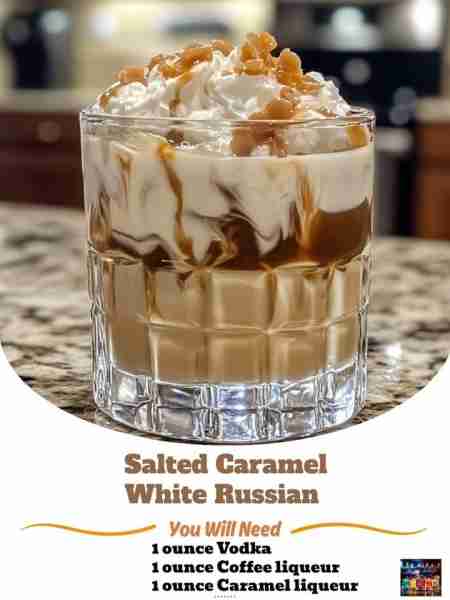 Salted Caramel White Russian: Ingredients: 1 oz. Vodka 1 oz. Coffee liqueur (like Kahlúa) 1 oz. Cara...