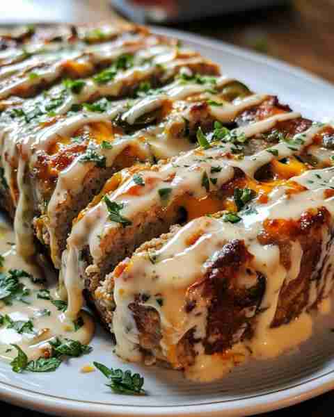 Smoky Jalapeño Popper Meatloaf with Creamy Ranch Drizzle Ingredients: 1 1/2 pounds ground beef 1/2...