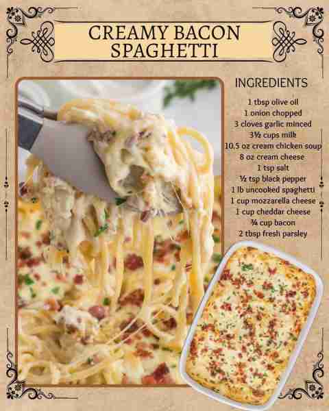 CREAMY BACON SPAGHETTI! 🍝 1 tbsp olive oil 🍝 1 onion 🍝 3 cloves garlic 🍝 3½ cups milk 🍝 10.5 oz...