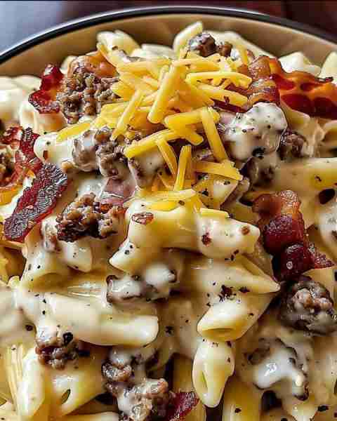 Cheeseburger Alfredo Pasta with Bacon 🍔🧀 The ultimate comfort food mash-up! This creamy, cheesy, m...