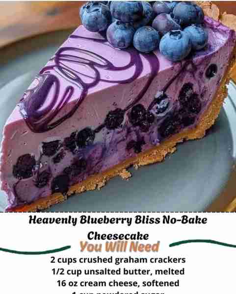 Indulge in this Heavenly Blueberry Bliss No-Bake Cheesecake – a creamy, fruity dessert that's perfec...