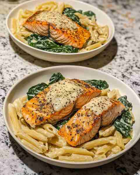 Garlic Butter Salmon with Spinach Alfredo Penne Succulent Garlic Butter Salmon Paired with Creamy Sp...