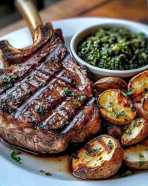 Grilled Tomahawk Glory with Chimichurri & Crispy Garlic Potatoes 🍖🥔 Ingredients: For the Tomahawk...