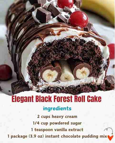 Decadent Black Forest Roll Cake 🍫🍰🍌 Ingredients: 2 cups heavy cream 🥛 1/4 cup powdered sugar 🍬...