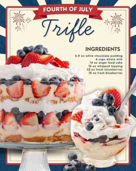 4th of July Trifle! full recipe: Ingredients 2 (3.4 ounce) boxes instant white chocolate pudding 4 c...