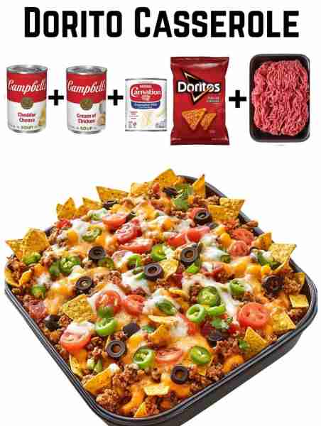🧀 Dorito Casserole Ingredients: 1 lb ground beef or ground turkey 1 packet taco seasoning (or homem...