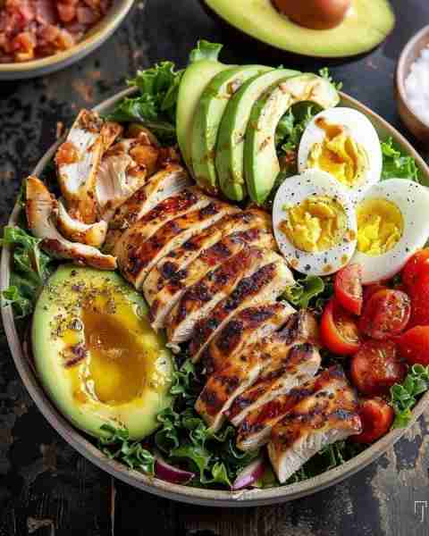 Grilled Chicken Protein Bowl 🍗🥑🥚🍅🥬 Ingredients: 1 grilled chicken breast, sliced 🍗 1 avocado,...