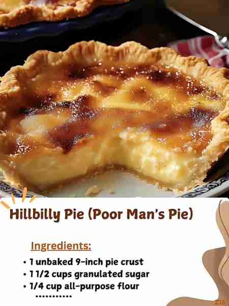 "Hillbilly Pie (Poor Man's Pie) 🥧❤️ Ingredients: 1 unbaked 9-inch pie crust (store-bought or homema...