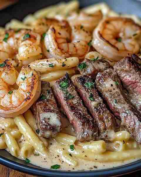 CAJUN SHRIMP AND STEAK ALFREDO PASTA 🍤🥩🍝 Ingredients: - 8 ounces of fettuccine pasta - 1 pound of...