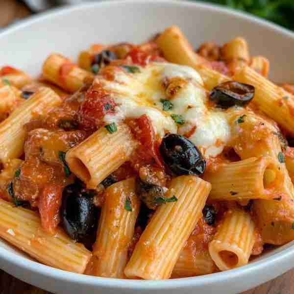 Rigatoni with Chunky Tomato Sauce, Mozzarella & Olives Ingredients: 12 oz (340 g) rigatoni pasta 2 t...
