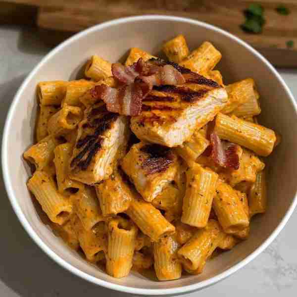 Rigatoni with Grilled Chicken, Bacon, and Creamy Tomato-Cheese Sauce: Ingredients: For the pasta: 12...