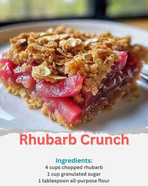 Rhubarb Crunch Ingredients: 4 cups chopped rhubarb 1 cup granulated sugar 1 tablespoon all-purpose f...
