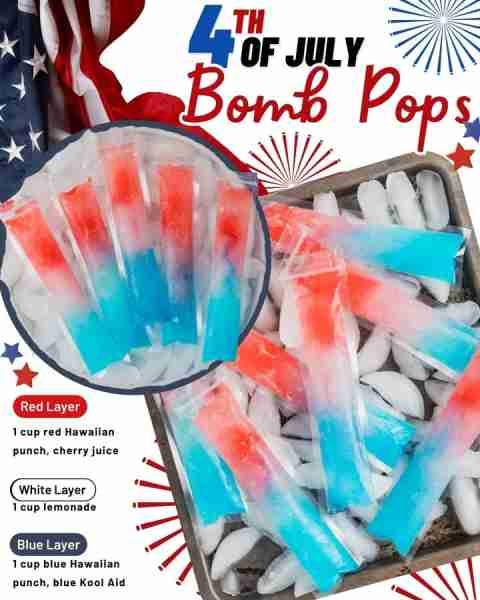 HOMEMADE BOMB POPS! Red Layer 1 cup red Hawaiian punch, cherry juice, or fruit punch White Layer 1 c...