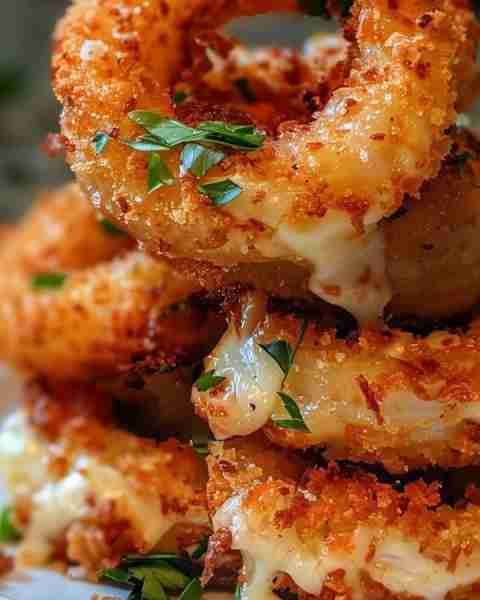 Cheesy Stuffed Mozzarella Onion Rings 🧅🧀🔥 **Ingredients: - 2 large onions, cut into thick ring...