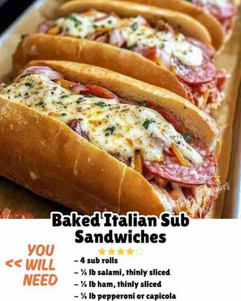 Baked Italian Sub Sandwiches Ingredients (Makes 4 Subs): - 4 sub rolls - ¼ lb salami, thinly sliced...
