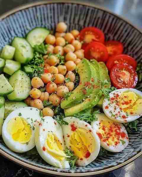 🥑🥚 Chickpea Avocado Egg Salad Bowl Ingredients: 🥒 1 cucumber, chopped 🍅 1 cup cherry tomatoes, h...