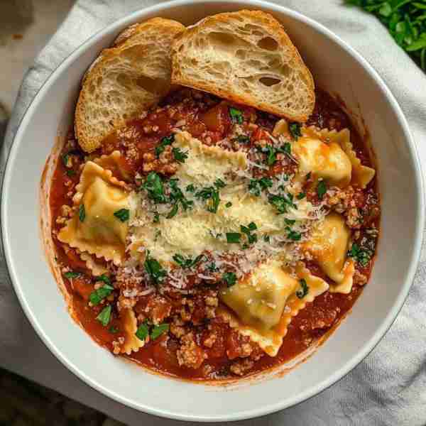 Ravioli with Meat Sauce and Cheese: Ingredients: For the ravioli: 1 pack of fresh or frozen ravioli...
