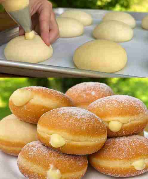 Fluffy Italian Bomboloni filled with pastry cream!! Ingredients: - 2 1/4 cups all-purpose flour 🥖 -...