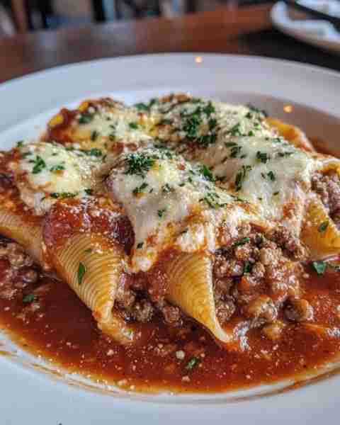 BEEF-STUFFED SHELLS WITH CREAMY RICOTTA Ingredients: 1 lb ground beef 20 jumbo pasta shells 1 tables...