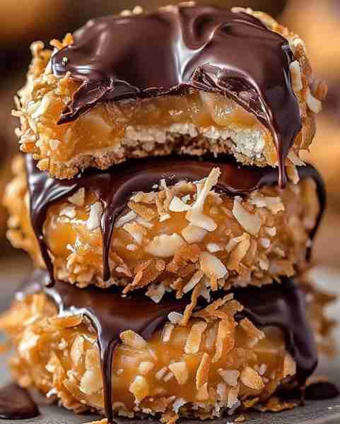 Decadent Caramel Coconut Samoa Cookies Ingredients: 2 cups all-purpose flour 1/2 cup granulated suga...