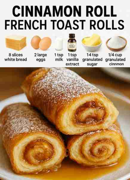 Cinnamon Roll French Toast Rolls Ingredients 8 slices white bread crusts removed 2 large eggs 1/4 cu...