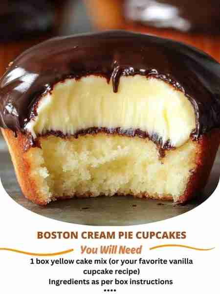 Boston Cream Pie Cupcakes Ingredients: For the Cupcakes: 1 box yellow cake mix (or your favorite van...
