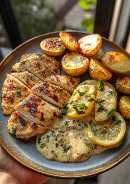 🌿 Creamy Lemon Basil Chicken Alfredo with Parmesan-Garlic Roasted Potatoes—a vibrant twist on a cla...