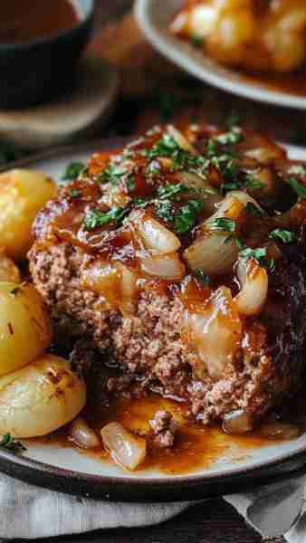 French Onion Meatloaf recipe—packed with savory onion flavor, melty cheese, and a rich glaze that gi...
