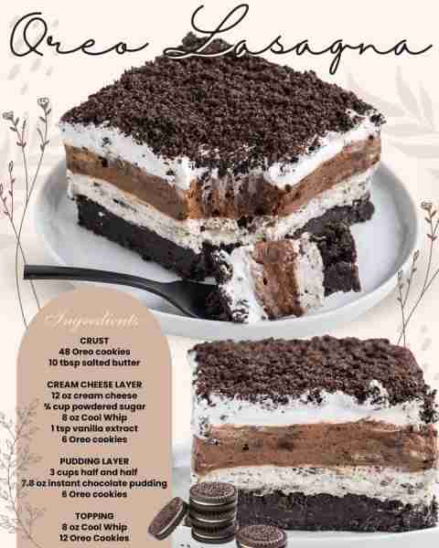 OREO LASAGNA! Recipe created by Princess Pinky Girl and recipe link in comments No-bake recipe Crust...