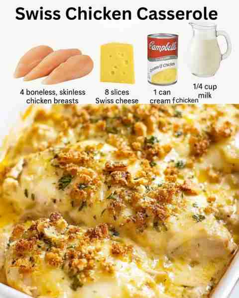 Swiss Chicken Casserole 𝗙𝗨𝗟𝗟 𝗥𝗘𝗖𝗜𝗣𝗘 𝗕𝗘𝗟𝗢𝗪