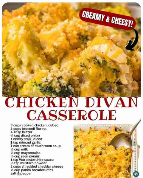 Chicken Divan (aka Chicken & Broccoli Casserole) 🥦 3 cups cooked chicken, cubed 🥦 3 cups broccoli...