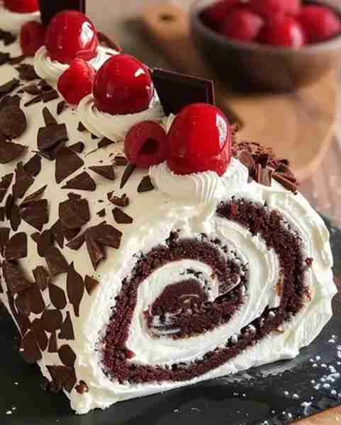 Elegant Black Forest Roll Cake Ingredients: 4 large eggs 1/4 cup granulated sugar 1/3 cup all-purpos...