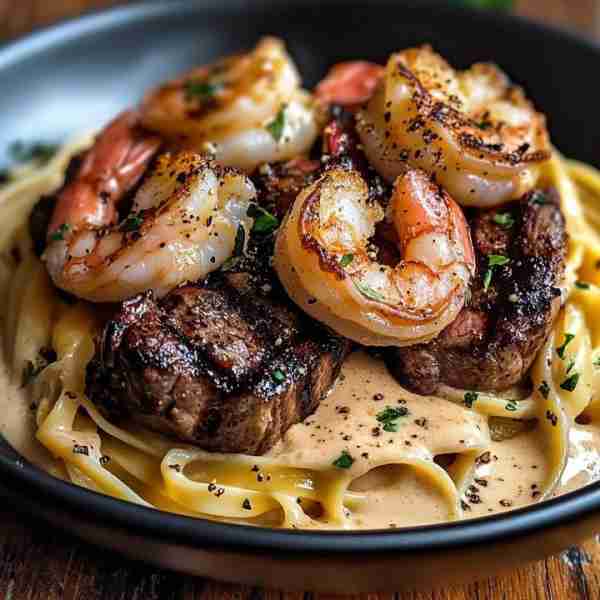 Surf & Turf Pasta with Creamy Garlic Sauce 🥩🦐🍝 Juicy steak, tender shrimp, and rich pasta — a res...