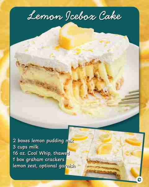 LEMON ICEBOX CAKE 💛 🍋 2 boxes lemon pudding mix 🍋 3 cups milk 🍋 16 oz Cool Whip, thawed 🍋 1 box...