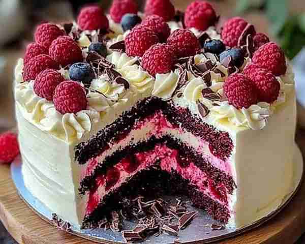 Luscious Layers of White Chocolate and Raspberry Bliss 🍰 A show-stopping dessert featuring moist wh...