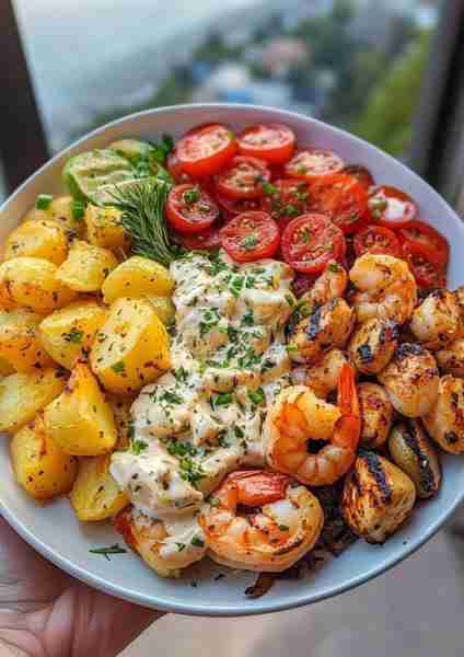 🍋🍤🐔 Creamy Lemon Garlic Shrimp & Chicken Alfredo with Crispy Garlic-Rosemary Potatoes—a luxurious...
