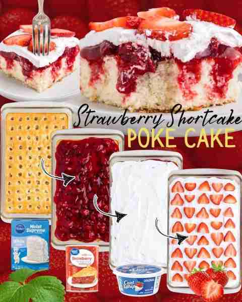 STRAWBERRY SHORTCAKE POKE CAKE! 🍓 1 box white cake mix 🍓 3 cups strawberry pie filling 🍓 8 oz whi...