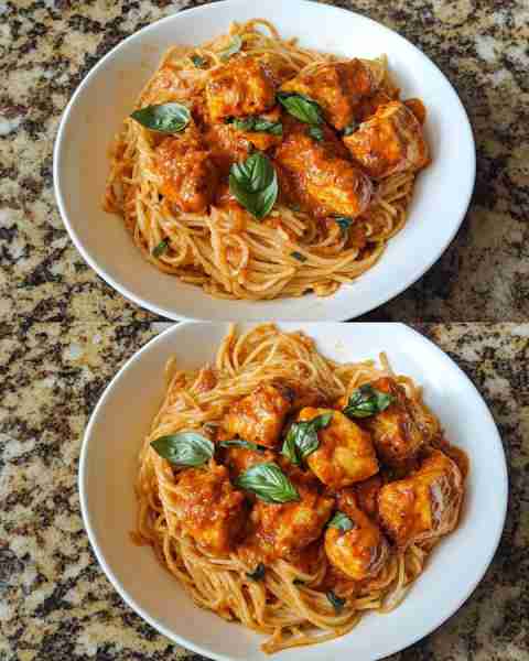 Creamy Tomato Basil Pasta with Tandoori Chicken Rich and Creamy Tomato Basil Pasta Topped with Juicy...