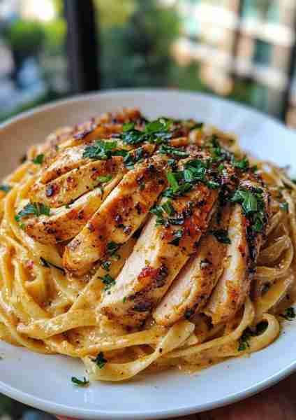 🌶️🍗 Savory Cajun Chicken over Creamy Parmesan Linguine—a bold and flavorful dish that combines spic...