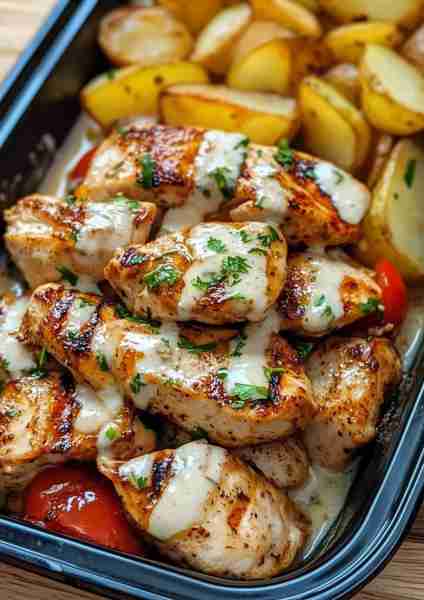 🌶️🇬🇷🐔 Spicy Greek Chicken Alfredo with Honey-Feta Drizzle and Parmesan-Roasted Crispy Potatoes—a Me...